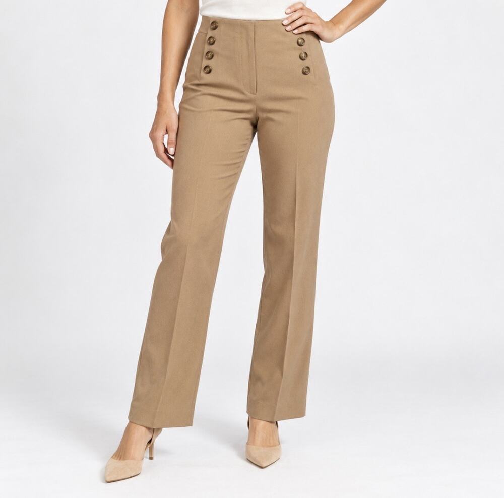Ann Taylor Sailor Button Pants Size 12 Tan High Rise Straight Leg 2022